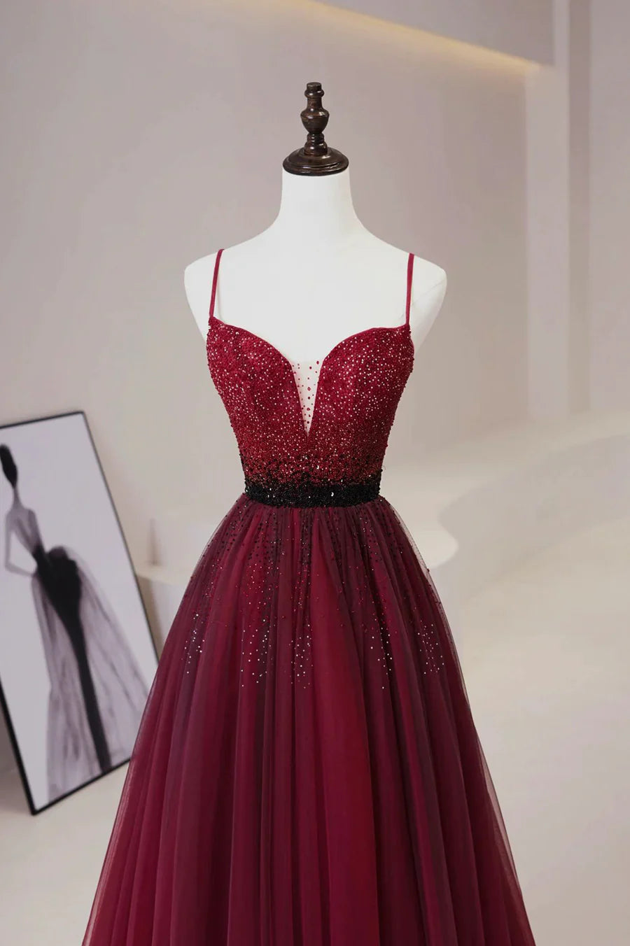 Vestido de fiesta largo de tul burdeos con cuentas, corte A, tirantes finos, TP533