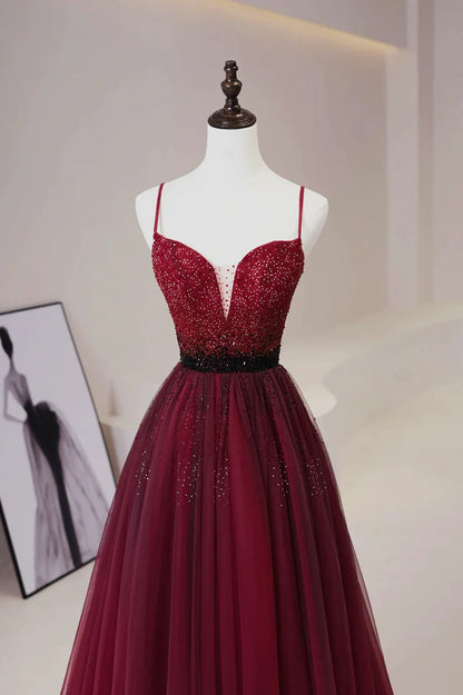 Vestido de fiesta largo de tul burdeos con cuentas, corte A, tirantes finos, TP533