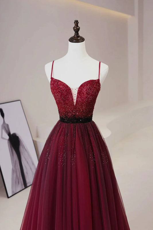 Vestido de fiesta largo de tul burdeos con cuentas, corte A, tirantes finos, TP533