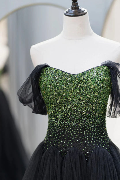 Black Tulle Long A-Line Prom Dress, Black Evening Dress with Green Beaded TP534