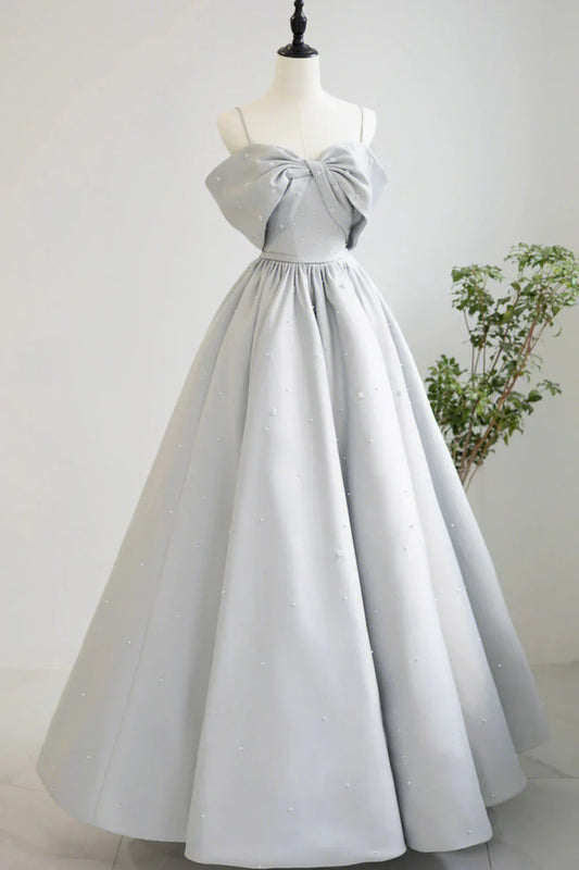 Gray Satin Long A-Line Prom Dress, Off the Shoulder Evening Dress with Pearls TP541