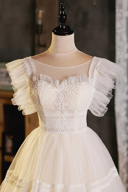 Precioso vestido de fiesta corto de encaje con corte A, color champán, TP543