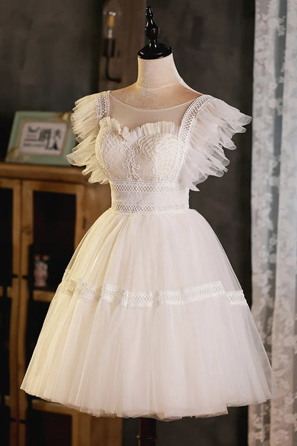 Precioso vestido de fiesta corto de encaje con corte A, color champán, TP543
