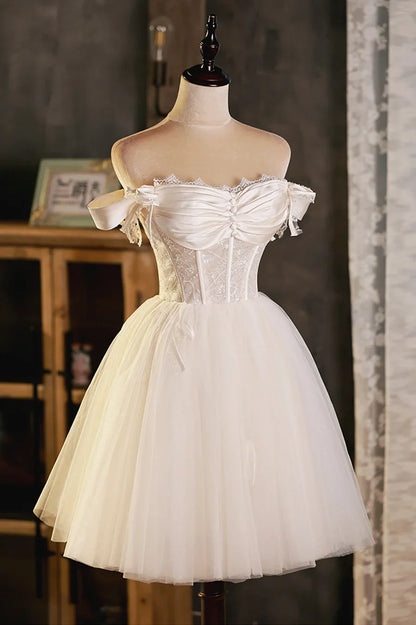 Vestido de fiesta corto de tul con corte en A, precioso vestido de fiesta color champán con hombros descubiertos TP544