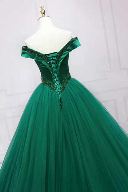 Green Tulle Long A-Line Ball Gown, Off the Shoulder Evening Dress TP546