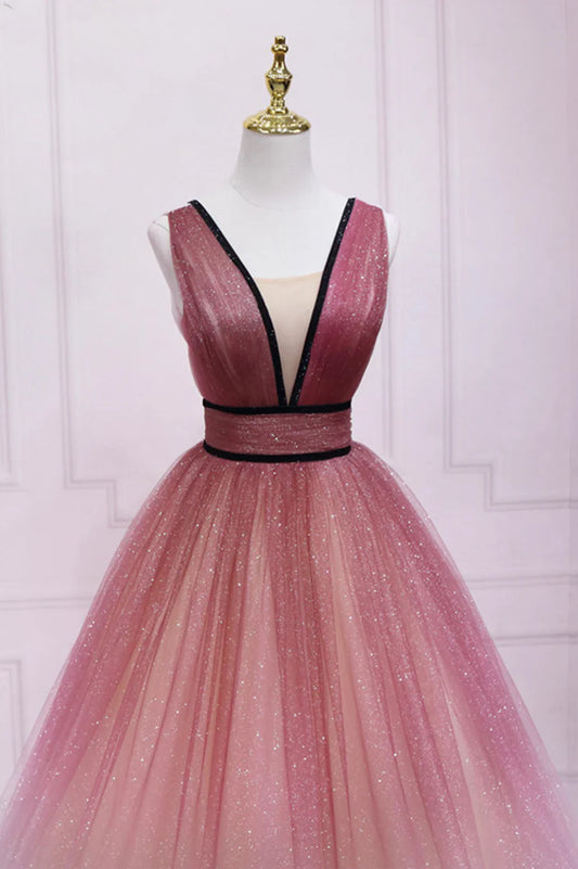 Vestido de fiesta largo de tul degradado con escote en V, corte A, TP547