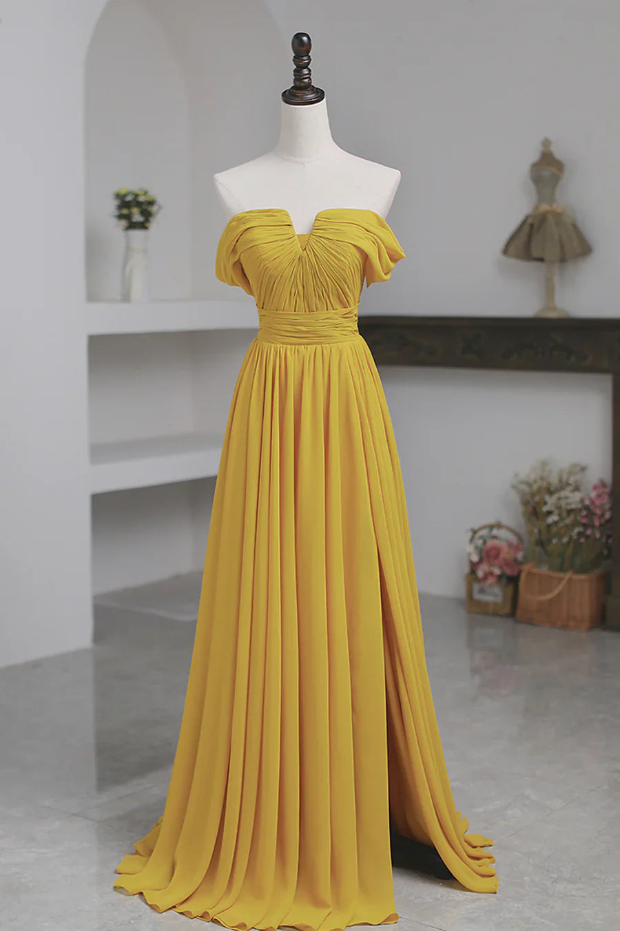 Vestido de fiesta largo de gasa amarilla, corte A, hombros descubiertos, TP551
