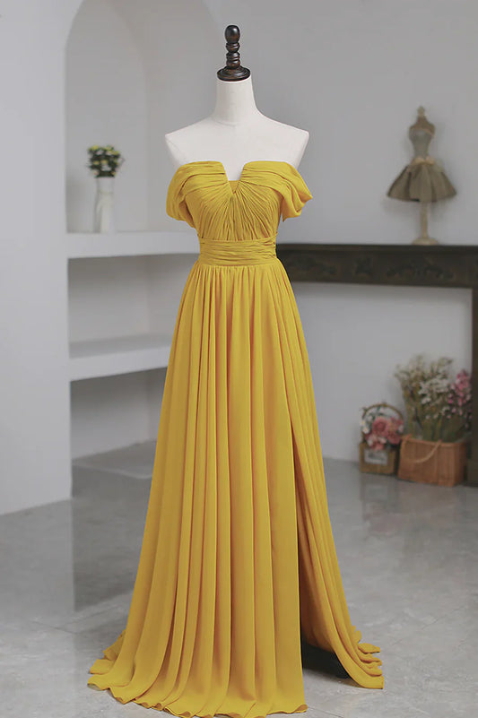 Vestido de fiesta largo de gasa amarilla, corte A, hombros descubiertos, TP551