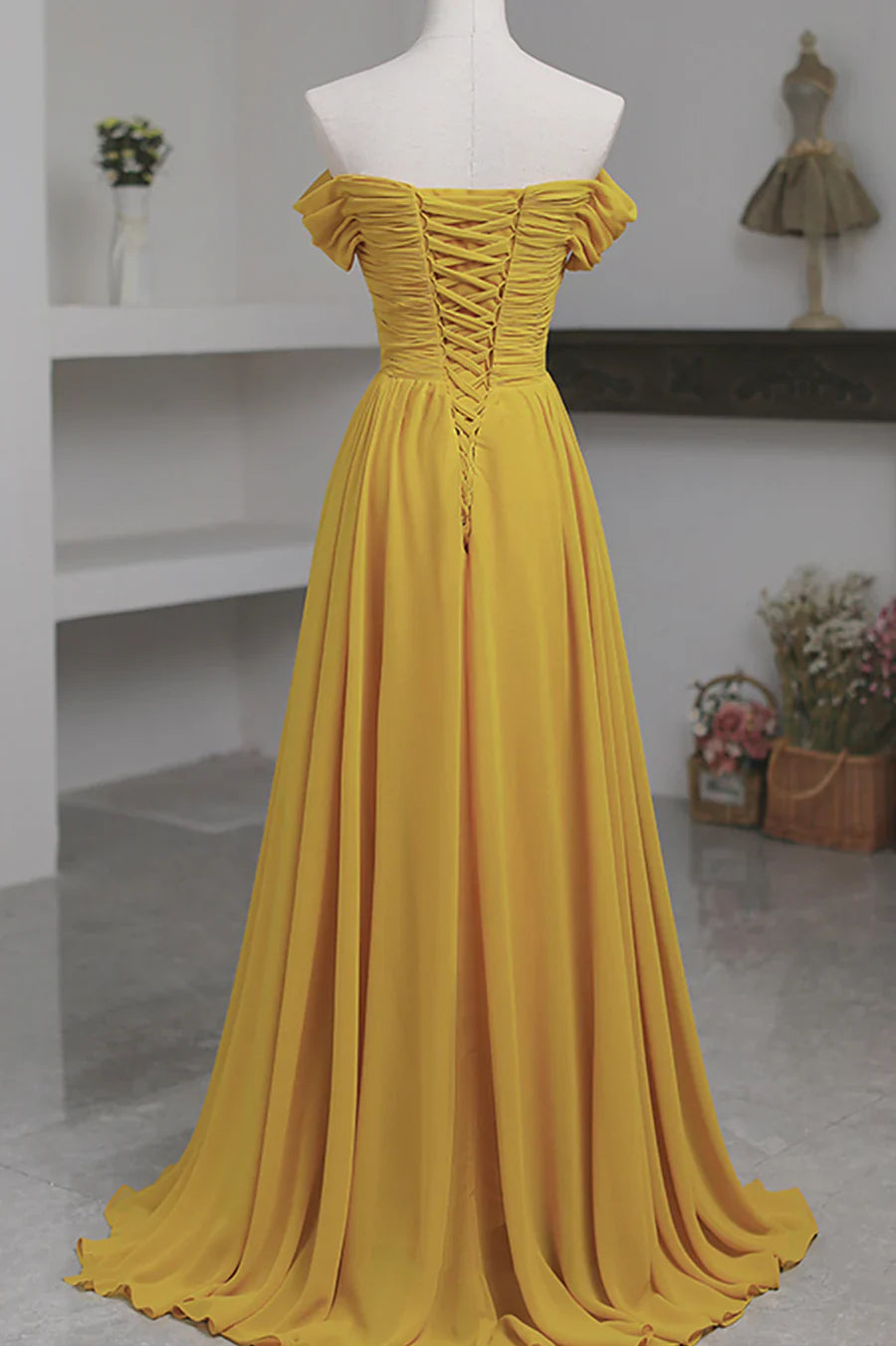 Vestido de fiesta largo de gasa amarilla, corte A, hombros descubiertos, TP551