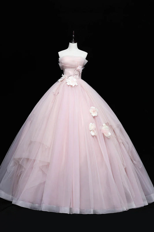 Precioso vestido formal de tul rosa con apliques, vestido rosa para quinceañeras TP553