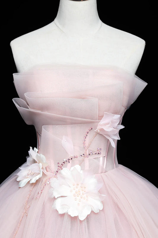 Precioso vestido formal de tul rosa con apliques, vestido rosa para quinceañeras TP553
