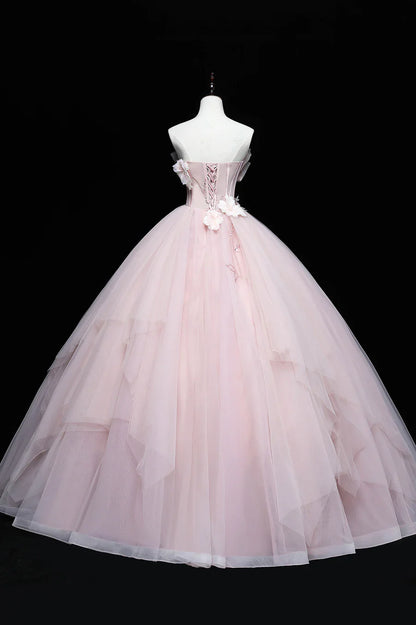 Precioso vestido formal de tul rosa con apliques, vestido rosa para quinceañeras TP553