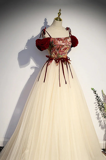 Vestido de fiesta largo con tirantes finos de tul color champán, vestido de noche formal de corte A TP555