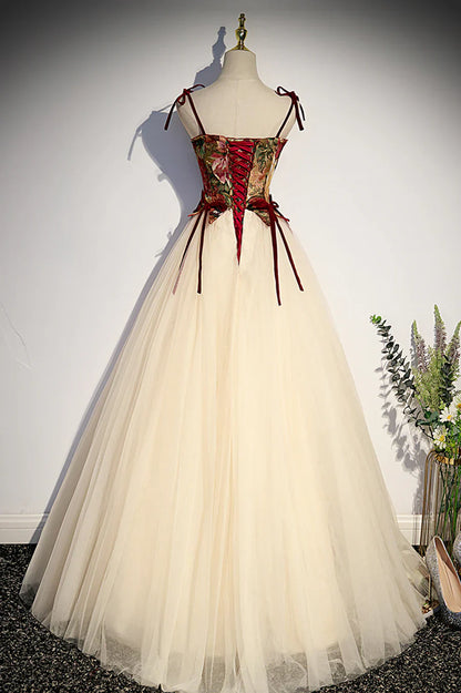 Vestido de fiesta largo con tirantes finos de tul color champán, vestido de noche formal de corte A TP555
