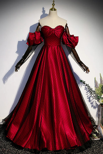 Vestido de fiesta largo de tul satinado burdeos, corte en A, escote corazón, TP556