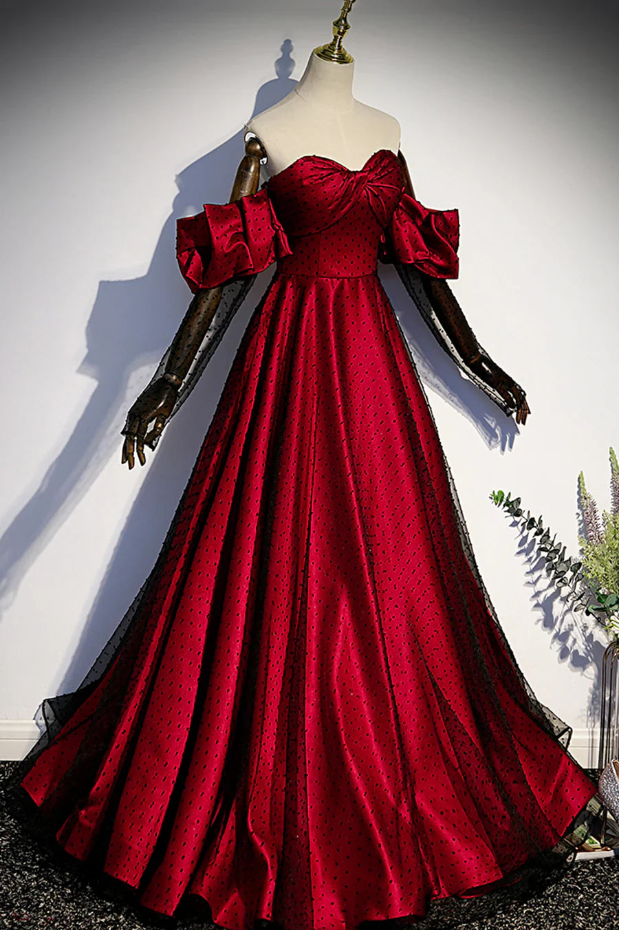 Vestido de fiesta largo de tul satinado burdeos, corte en A, escote corazón, TP556