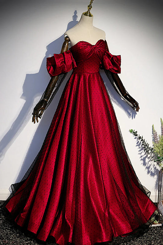 Vestido de fiesta largo de tul satinado burdeos, corte en A, escote corazón, TP556