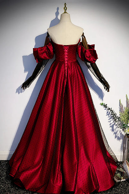 Vestido de fiesta largo de tul satinado burdeos, corte en A, escote corazón, TP556