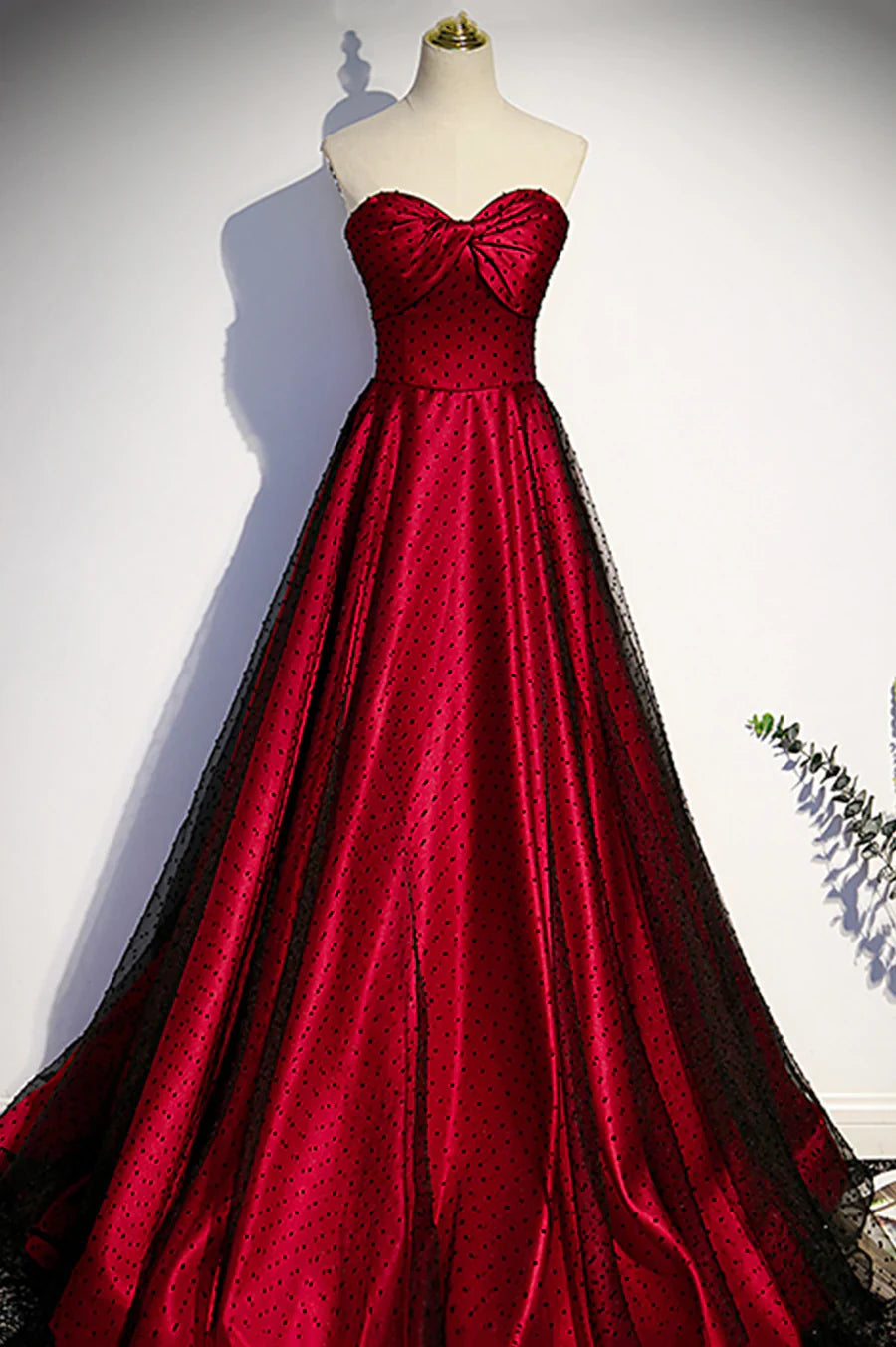 Vestido de fiesta largo de tul satinado burdeos, corte en A, escote corazón, TP556