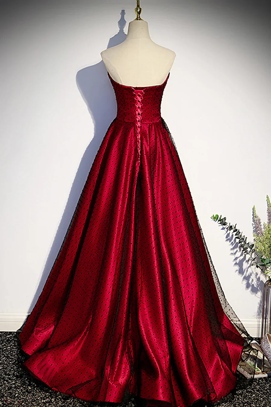 Vestido de fiesta largo de tul satinado burdeos, corte en A, escote corazón, TP556