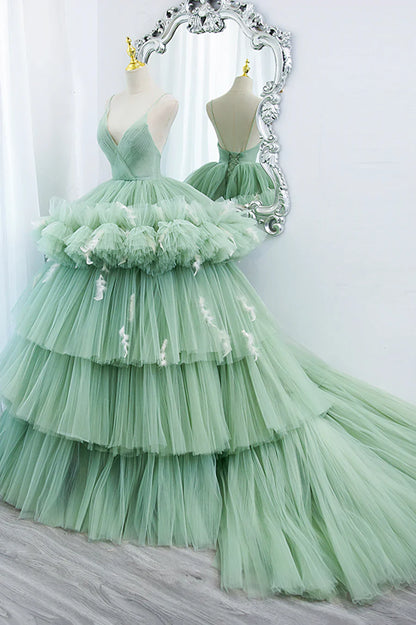 Green V-Neck Layers Tulle Long Ball Gown, A-Line Formal Gown TP557
