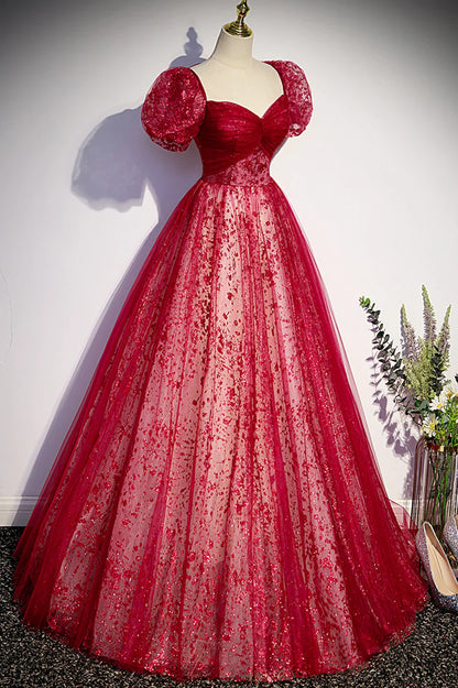 Vestido de noche formal de tul color burdeos, manga corta, vestido de fiesta largo de corte A TP558