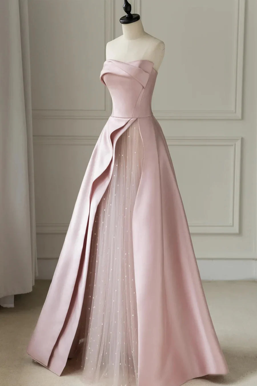 Vestido de fiesta de satén rosa sin tirantes, largo hasta el suelo, corte A, vestido de noche formal TP559
