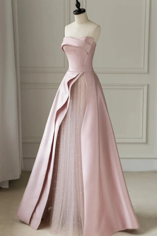 Vestido de fiesta de satén rosa sin tirantes, largo hasta el suelo, corte A, vestido de noche formal TP559