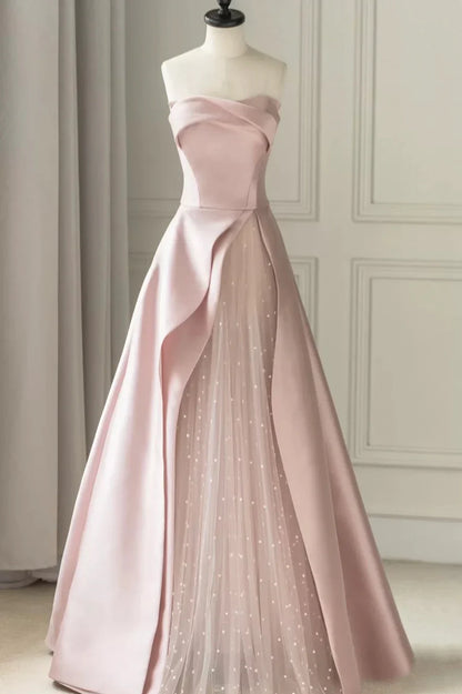 Vestido de fiesta de satén rosa sin tirantes, largo hasta el suelo, corte A, vestido de noche formal TP559