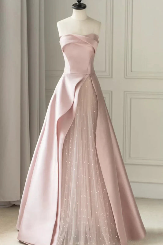 Vestido de fiesta de satén rosa sin tirantes, largo hasta el suelo, corte A, vestido de noche formal TP559