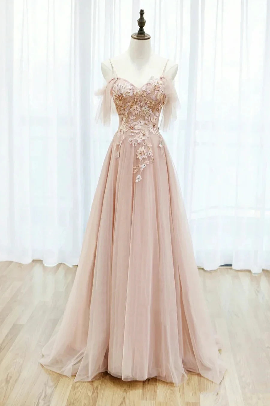 Vestido de fiesta largo de tul rosa con encaje y corte A, vestido de noche formal con tirantes finos TP560