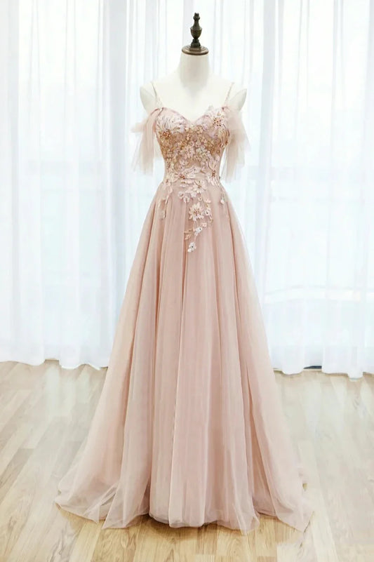Vestido de fiesta largo de tul rosa con encaje y corte A, vestido de noche formal con tirantes finos TP560