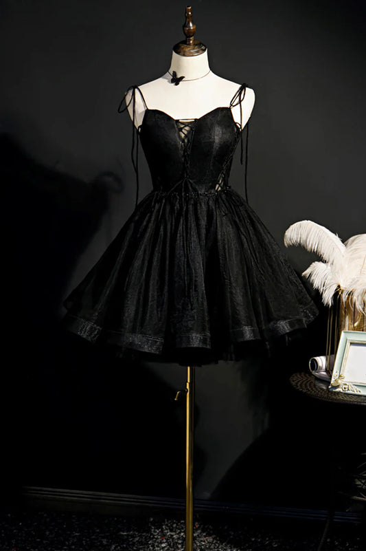 Vestido de fiesta corto de tul negro, precioso vestido de fiesta con tirantes finos y corte en A TP561