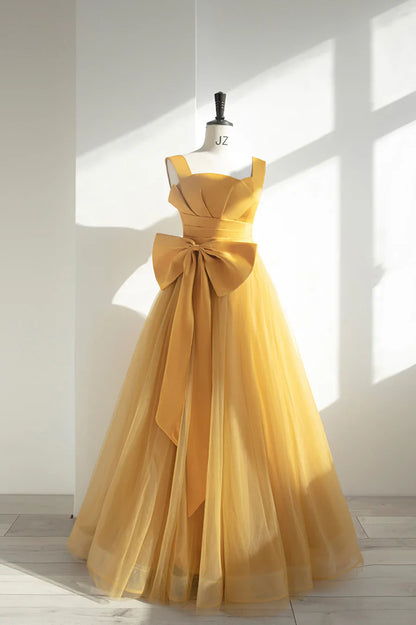 Vestido de fiesta largo de tul satinado amarillo, corte A, con lazo, TP565