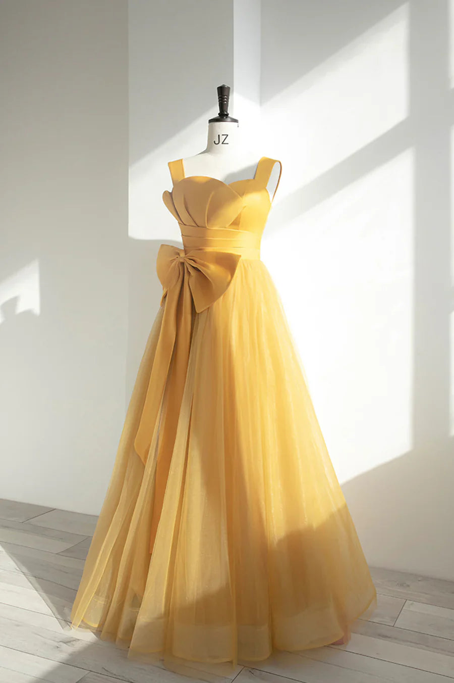 Vestido de fiesta largo de tul satinado amarillo, corte A, con lazo, TP565