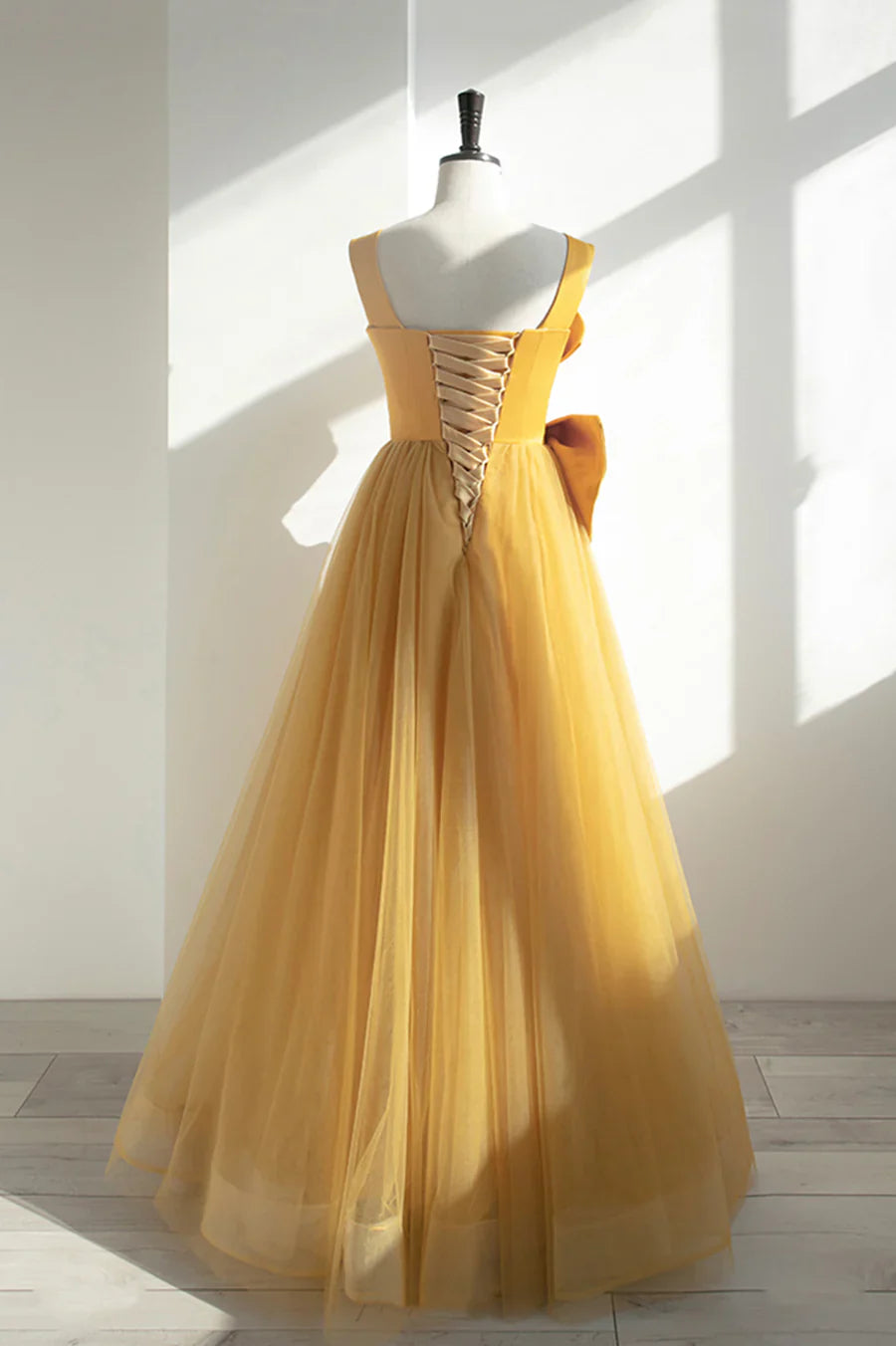 Vestido de fiesta largo de tul satinado amarillo, corte A, con lazo, TP565