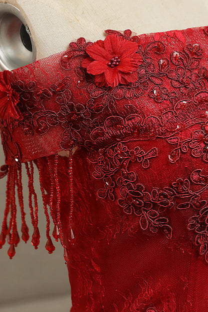 Vestido de noche largo formal de encaje burdeos, corte A, TP567