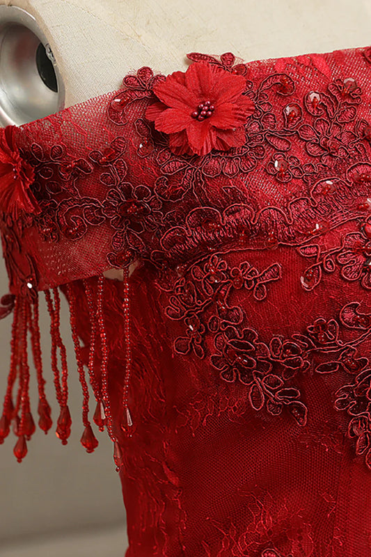Vestido de noche largo formal de encaje burdeos, corte A, TP567