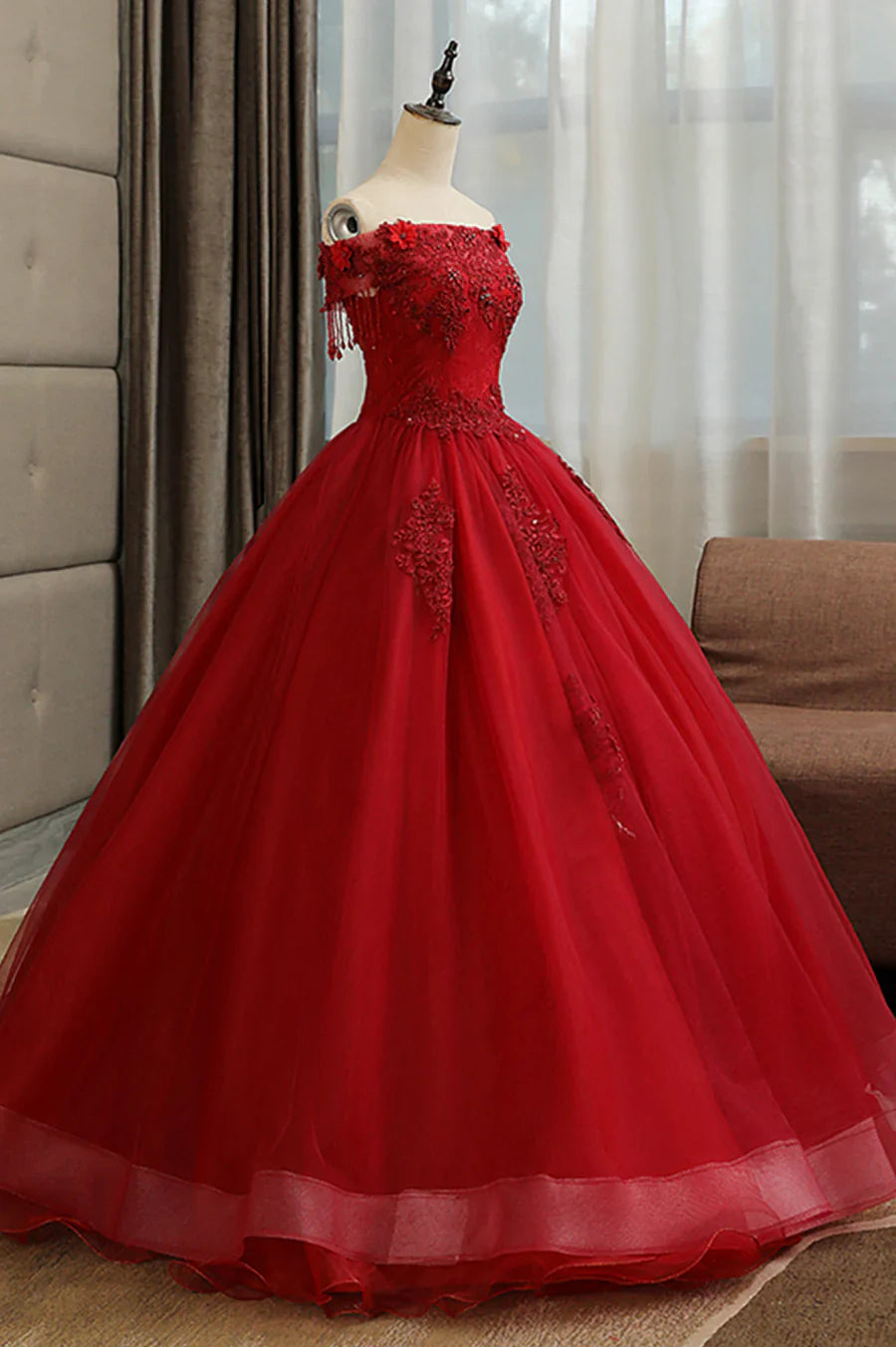 Vestido de noche largo formal de encaje burdeos, corte A, TP567