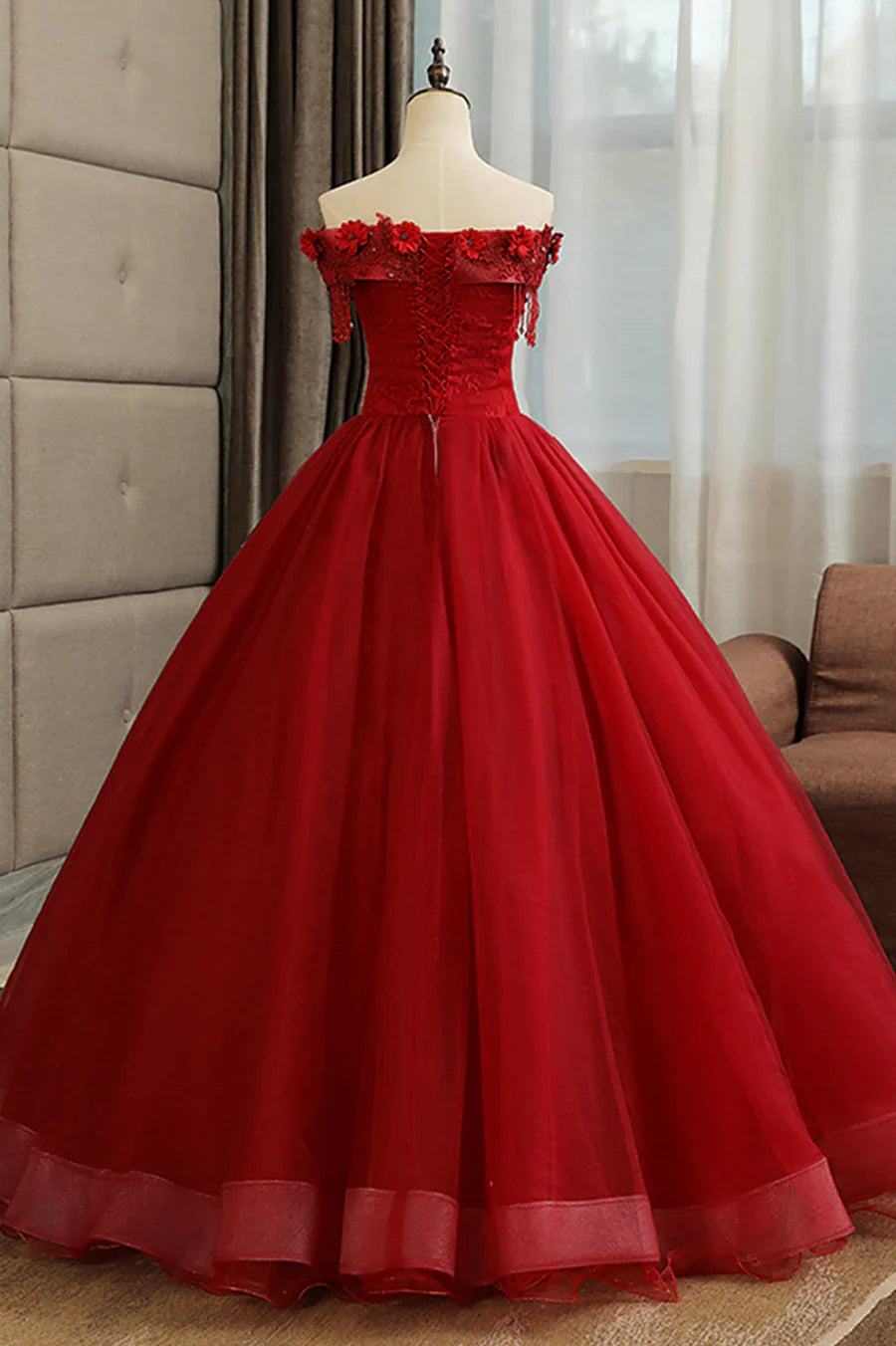 Vestido de noche largo formal de encaje burdeos, corte A, TP567