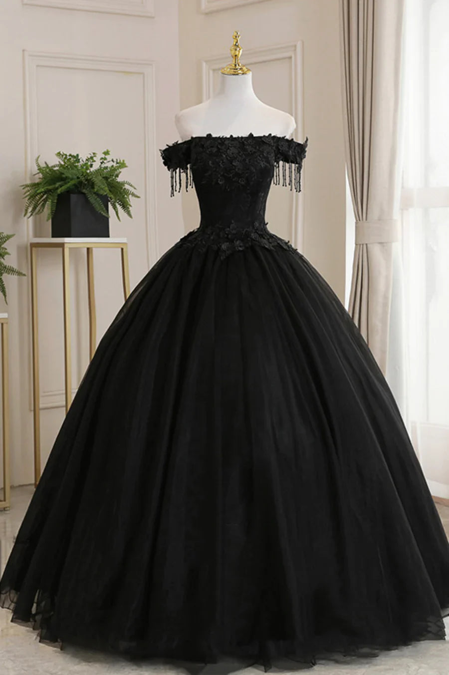 Vestido de fiesta de tul negro con encaje y hombros descubiertos, vestido de noche negro de corte A TP568