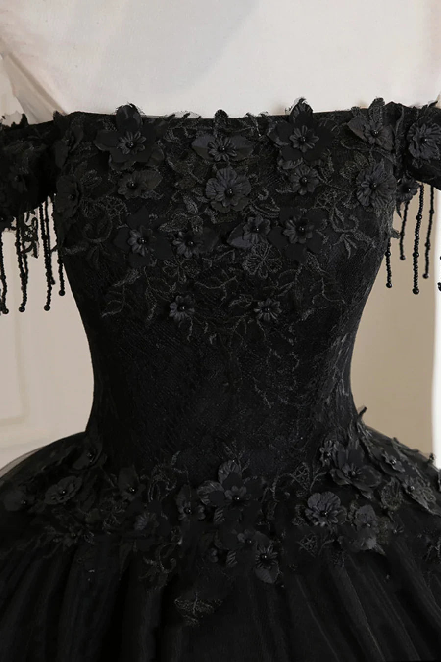 Vestido de fiesta de tul negro con encaje y hombros descubiertos, vestido de noche negro de corte A TP568