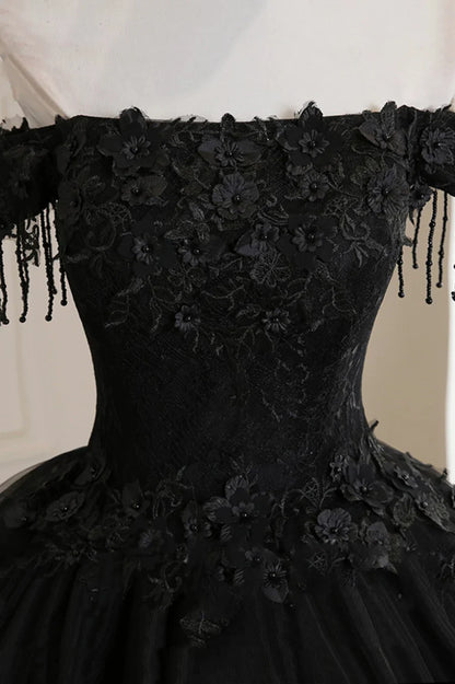 Vestido de fiesta de tul negro con encaje y hombros descubiertos, vestido de noche negro de corte A TP568
