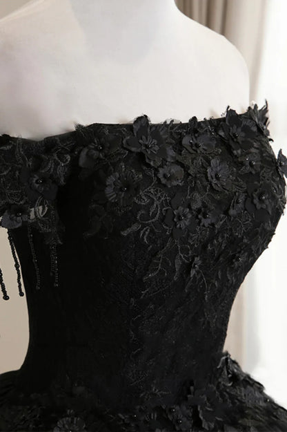 Vestido de fiesta de tul negro con encaje y hombros descubiertos, vestido de noche negro de corte A TP568