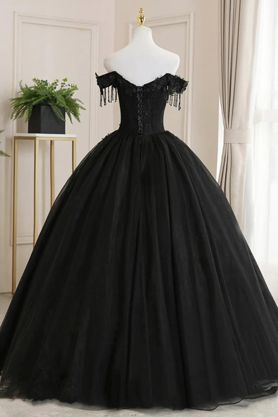 Vestido de fiesta de tul negro con encaje y hombros descubiertos, vestido de noche negro de corte A TP568