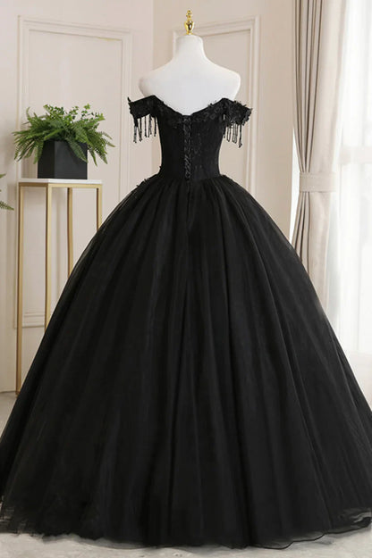 Vestido de fiesta de tul negro con encaje y hombros descubiertos, vestido de noche negro de corte A TP568
