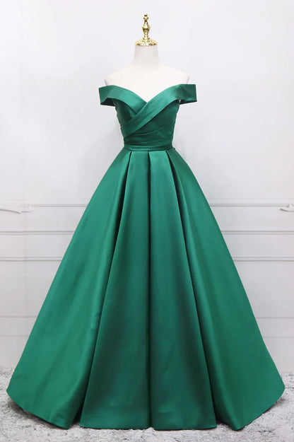 Green Satin Long Prom Dress, Off the Shoulder Evening Party Dress TP569
