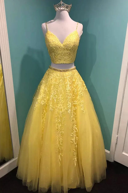 Vestido de fiesta de dos piezas de encaje amarillo, corte A, TP531