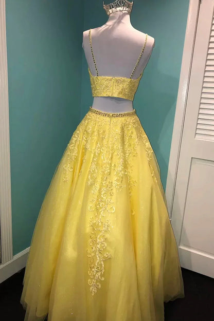 Vestido de fiesta de dos piezas de encaje amarillo, corte A, TP531