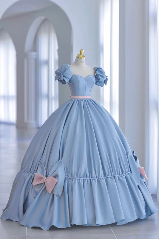 Vestido princesa de satén azul, corte A, vestido de noche azul con lazo TP572